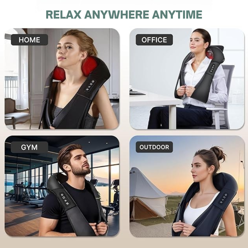 Masajeador eléctrico Shiatsu para cuello, hombros y espalda. Ofrece calor y relax profundo en cualquier lugar.