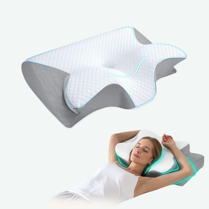 Diseño ergonómico de almohada ortopédica que proporciona alivio y soporte específico para la columna cervical.