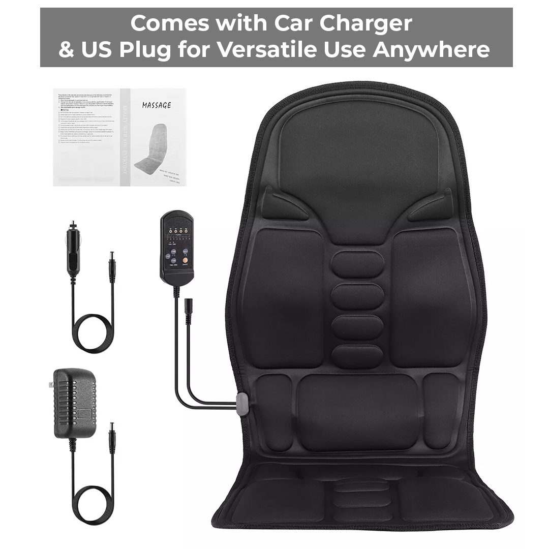 Cojín de masaje para asiento de coche y silla. Terapia de calor y vibración para espalda, lumbares. Portátil y eficaz.
