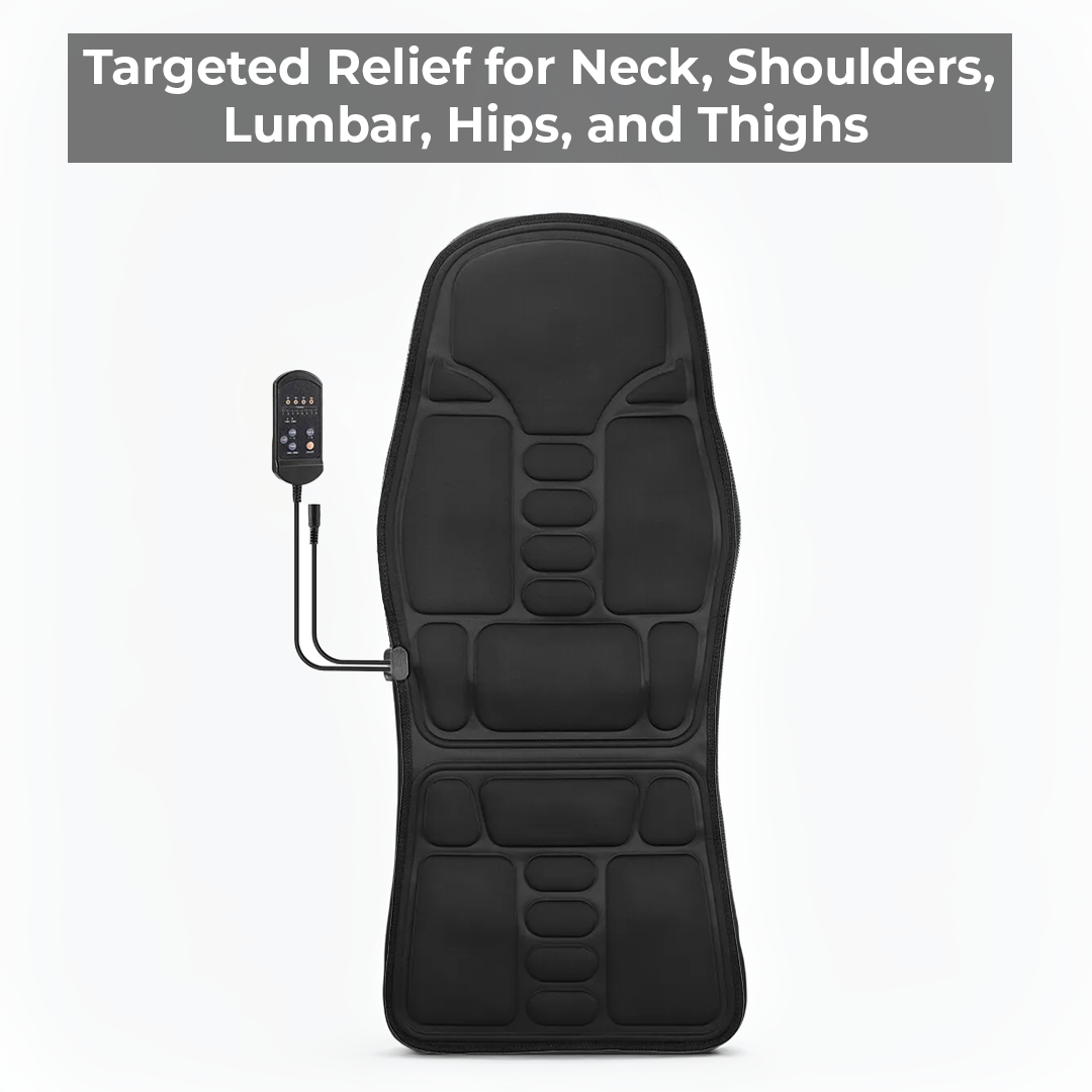 Cojín masajeador térmico con calor y vibración. Ideal para relajación de espalda en silla, coche, hogar, oficina.