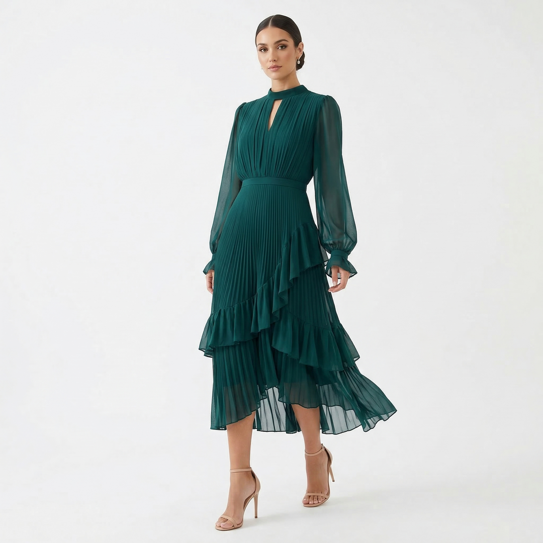 Vestido midi plisado de mujer, ideal para eventos elegantes y fiestas. Diseño sofisticado.