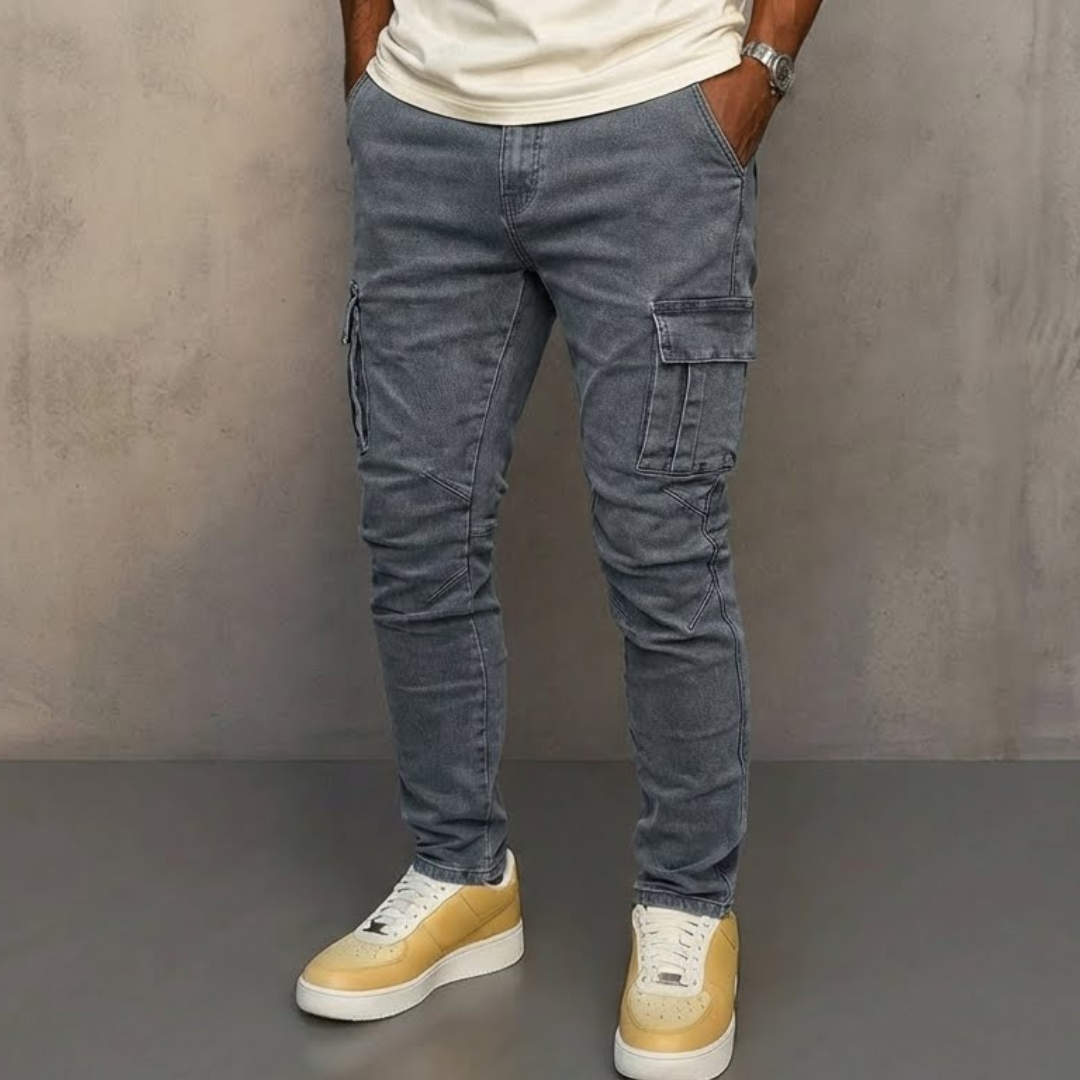 Tejanos cargo elásticos para hombre, mezclilla cómoda y duradera, estilo urbano casual.
