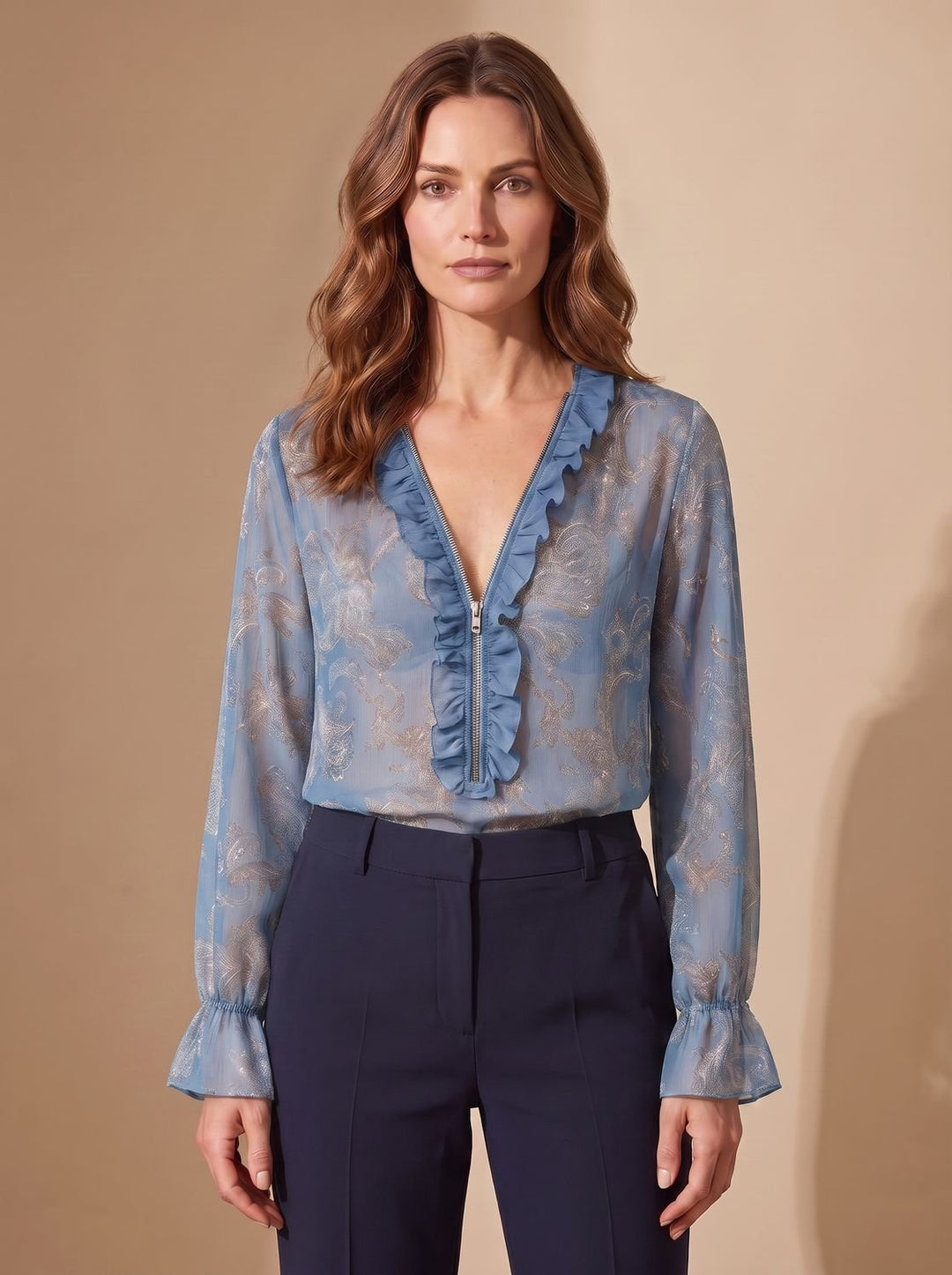 Blusa de manga larga para mujer, gasa paisley con escote V y cremallera, toque elegante y vintage.