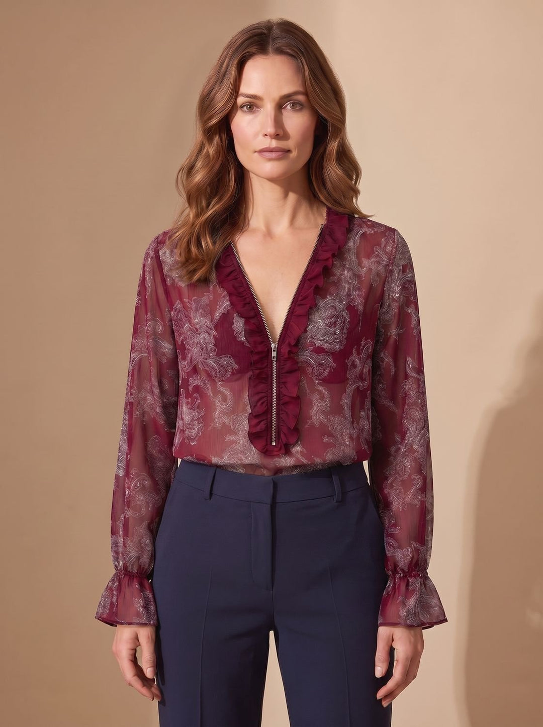 Blusa elegante de gasa paisley para mujer, con cremallera y escote V, perfecta para cualquier ocasión.