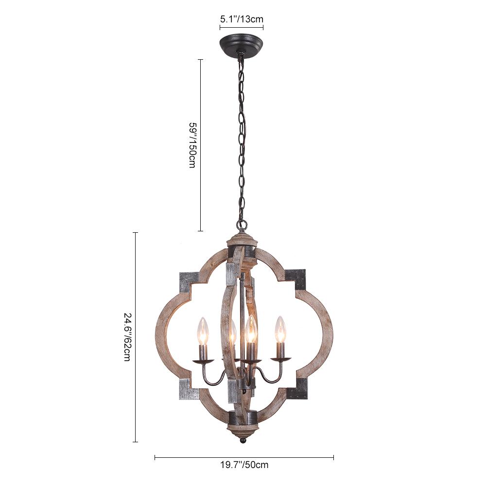 Lámpara colgante de madera y metal negro, 4 focos, diseño rústico para un ambiente cálido.