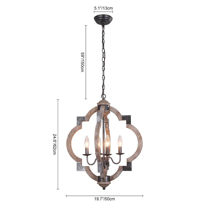 Lámpara colgante de madera y metal negro, 4 focos, diseño rústico para un ambiente cálido.