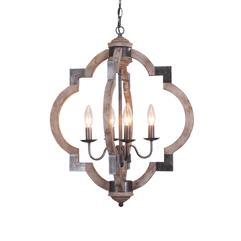 Iluminación de granja moderna: lámpara de techo rústica con 4 focos en madera y negro.