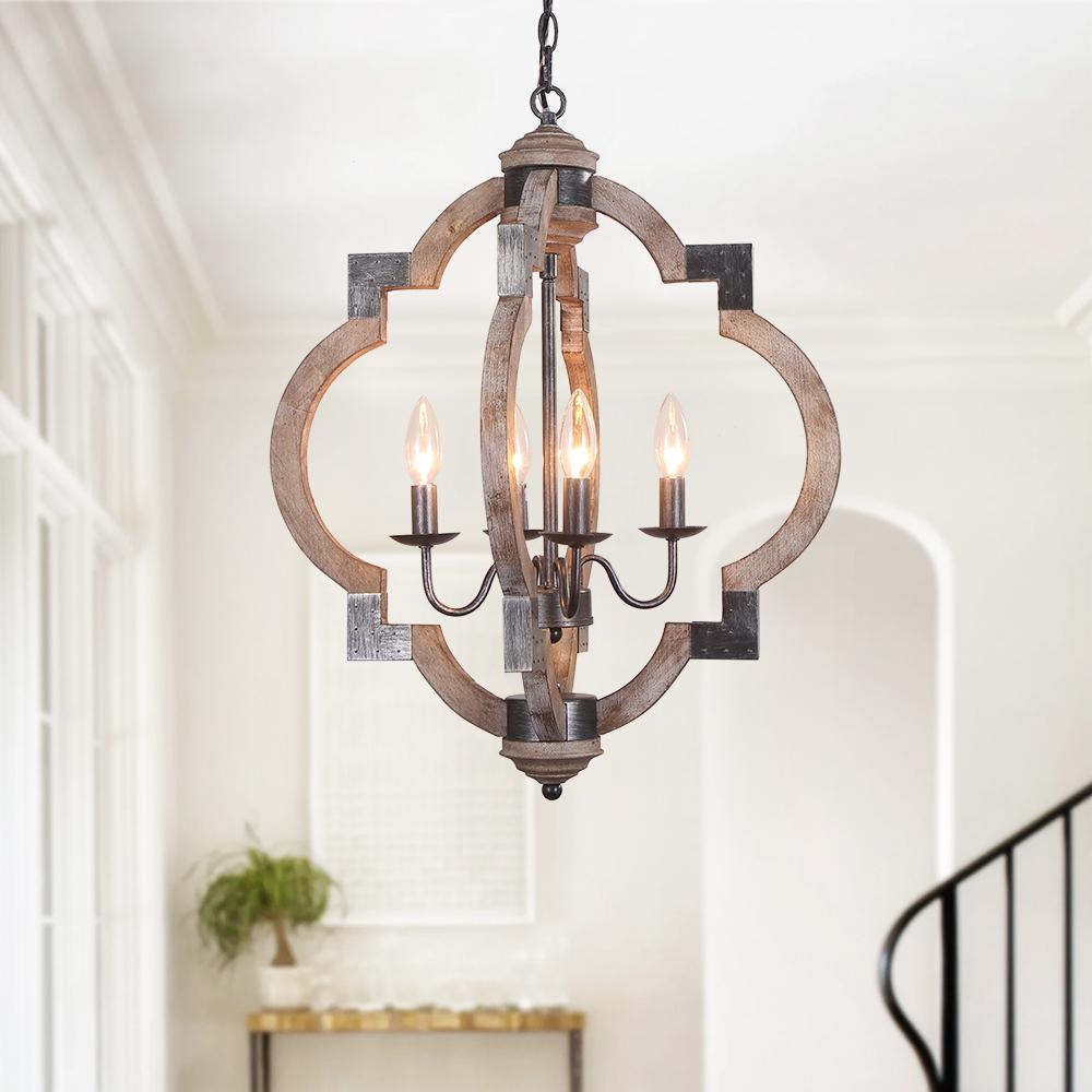 Lámpara rústica de madera maciza, 4 luces con base de hierro negro, para techo interior.