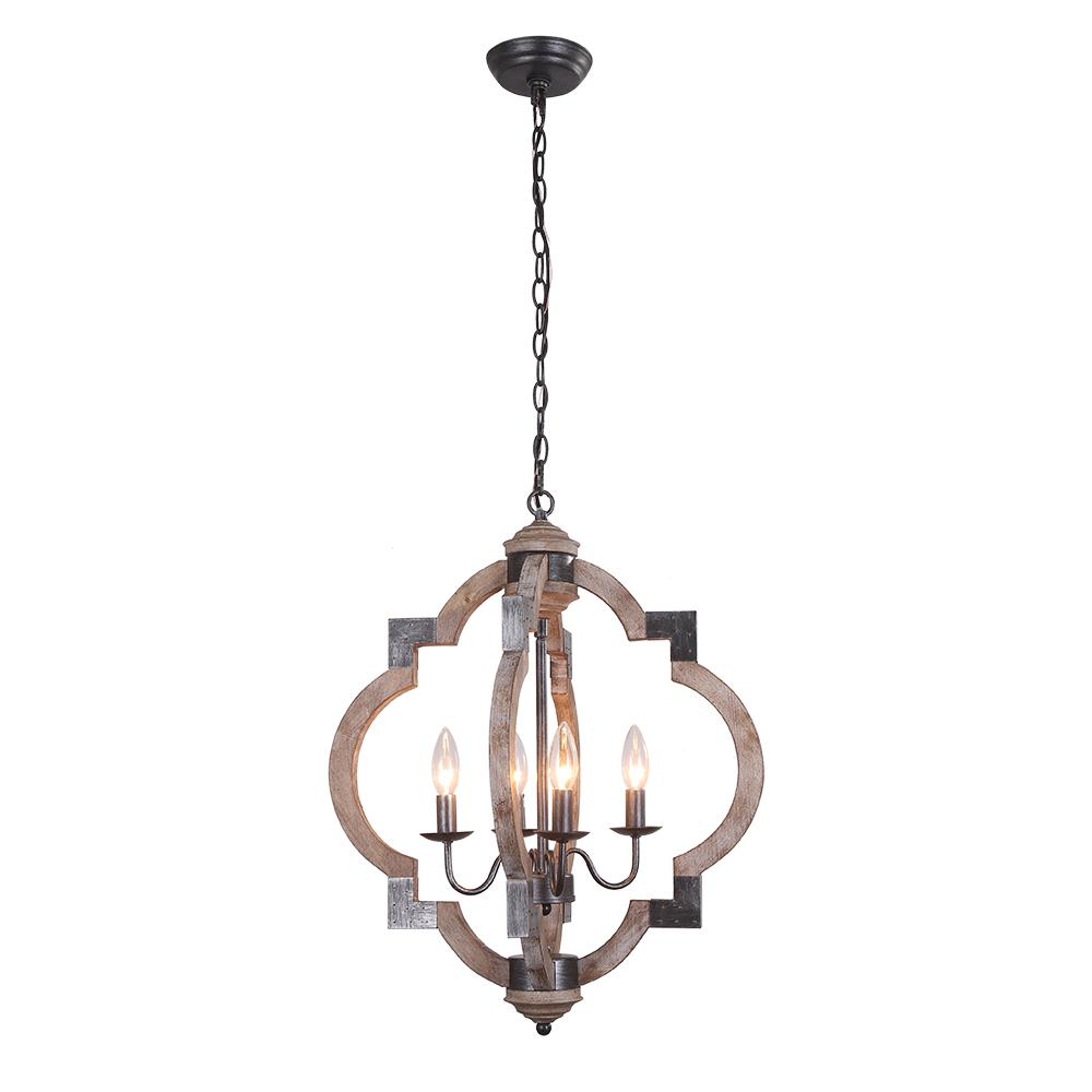 Lámpara colgante de madera natural y hierro negro, 4 luces, estilo rústico industrial.
