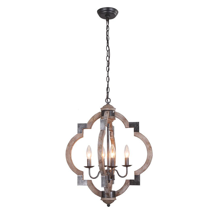 Lámpara colgante de madera natural y hierro negro, 4 luces, estilo rústico industrial.