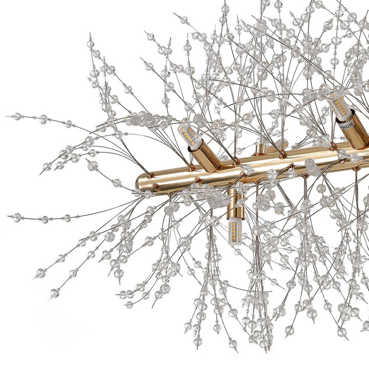 Candelabro de comedor lineal moderno de 9 luces con detalles de cristal brillante.