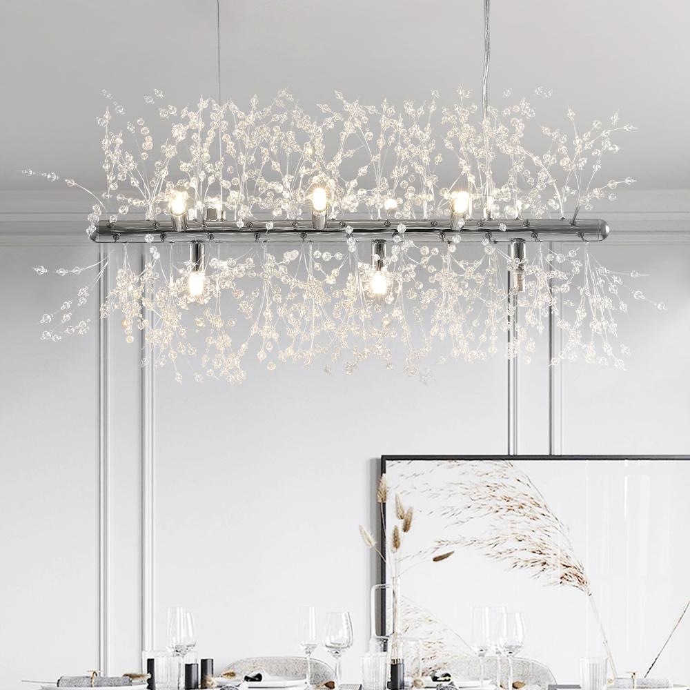 Candelabro de lujo lineal de cristal con 9 luces, iluminación moderna para un comedor sofisticado.