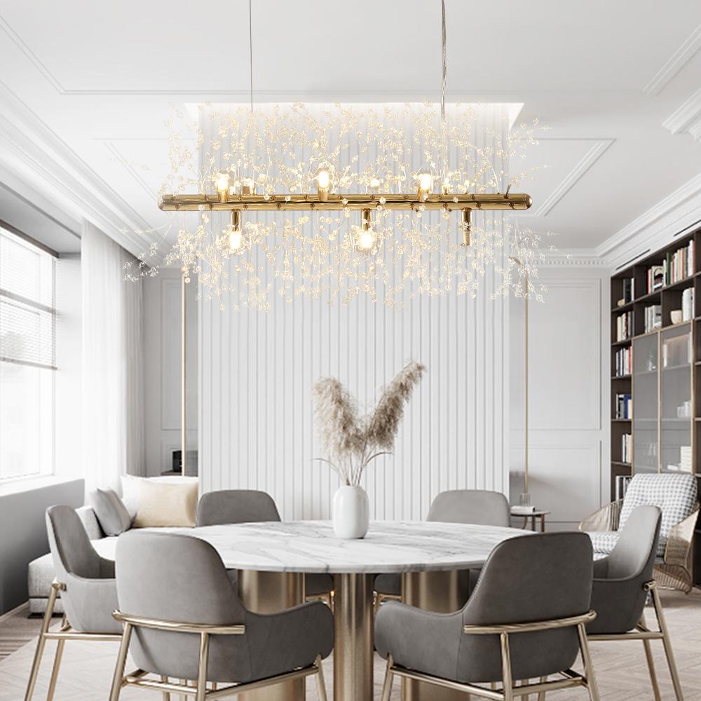 Detalle de candelabro lineal de cristal moderno de 9 luces, brillo y diseño único para tu hogar.
