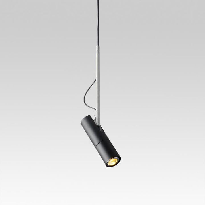 Lámpara colgante moderna de una luz. Diseño cilíndrico negro para iluminación interior, hogar y techo minimalista.