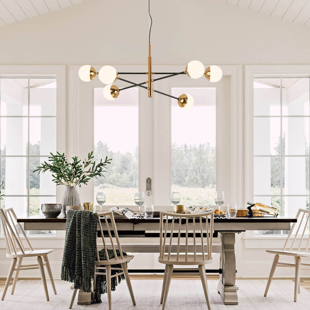 Candelabro Sputnik de 8 luces. Diseño moderno de medio siglo para iluminación de sala de estar.