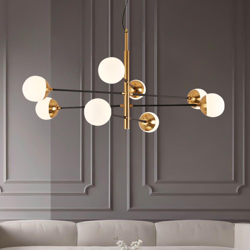 Candelabro Sputnik moderno de 6 luces. Lámpara de techo estilo medio siglo con globos de vidrio.