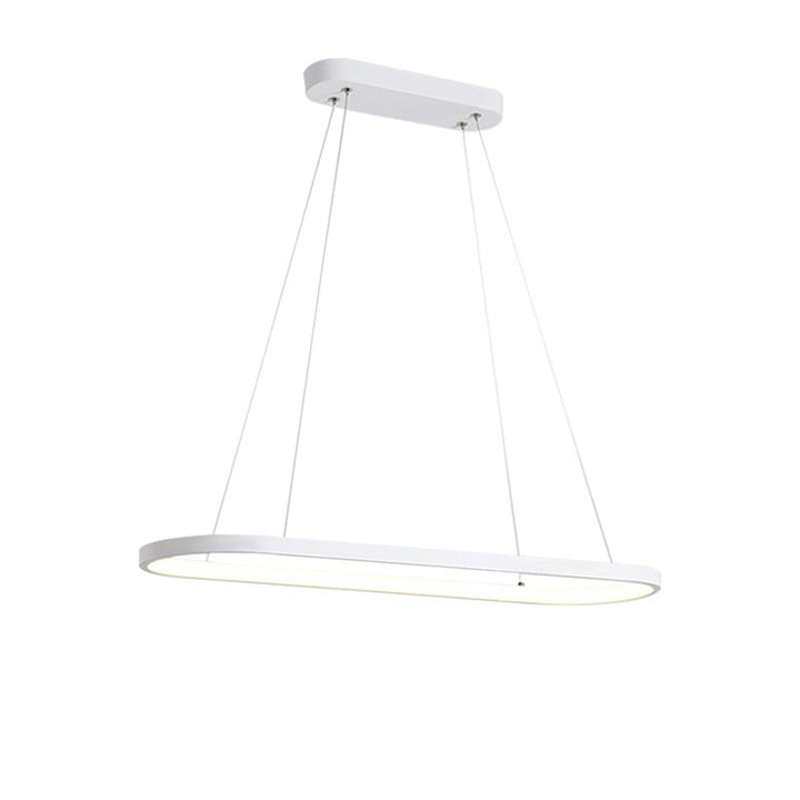 Luz LED ovalada encendida, iluminando comedor con brillo cálido y diseño minimalista.