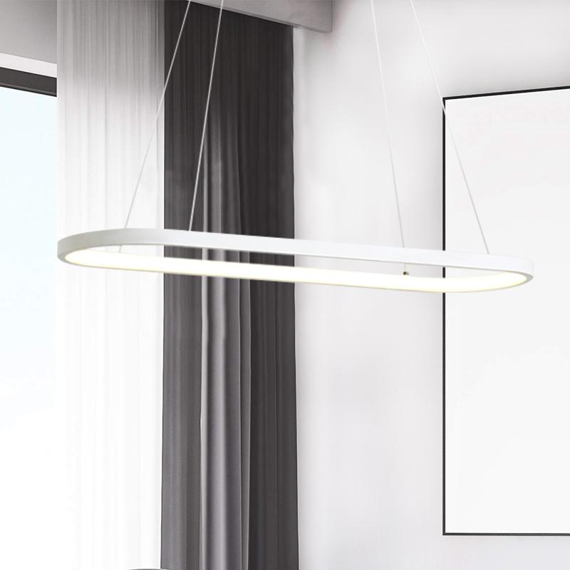 Luz colgante LED ovalada moderna para sala, diseño minimalista y eficiencia energética.
