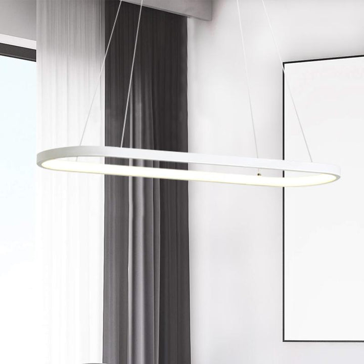 Luz colgante LED ovalada moderna para sala, diseño minimalista y eficiencia energética.