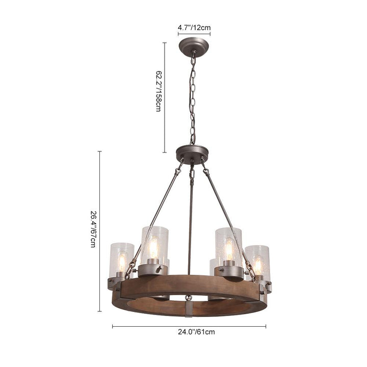 Iluminación rústica de techo con diseño de rueda de carro y 6 luces, perfecta para ambientes de hogar.