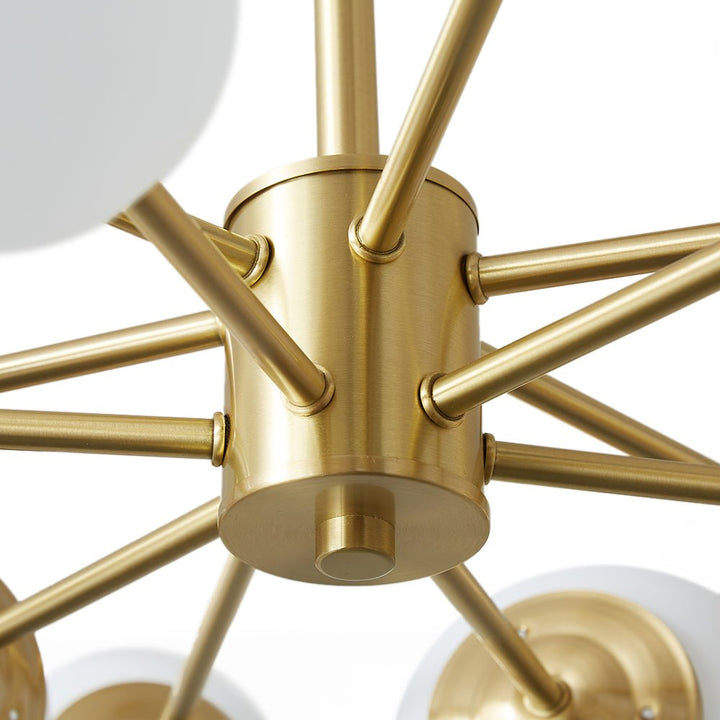 Iluminación moderna Mid-Century: Candelabro Sputnik con 12 globos de cristal y detalles dorados.