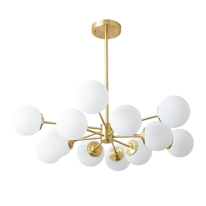 Candelabro tipo Sputnik dorado de 12 luces. Diseño Mid-Century con esferas de cristal.