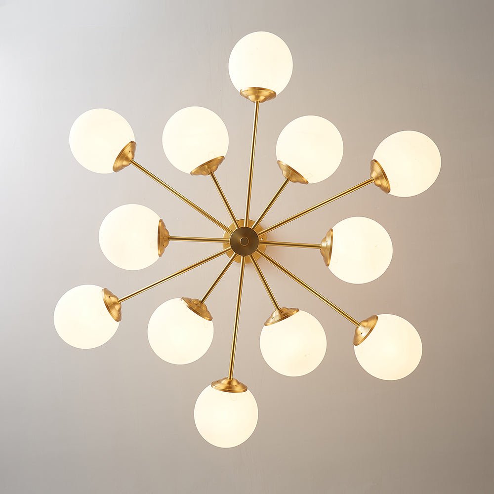 Lámpara de techo Mid-Century, candelabro Sputnik de 12 esferas de cristal y estructura negra.