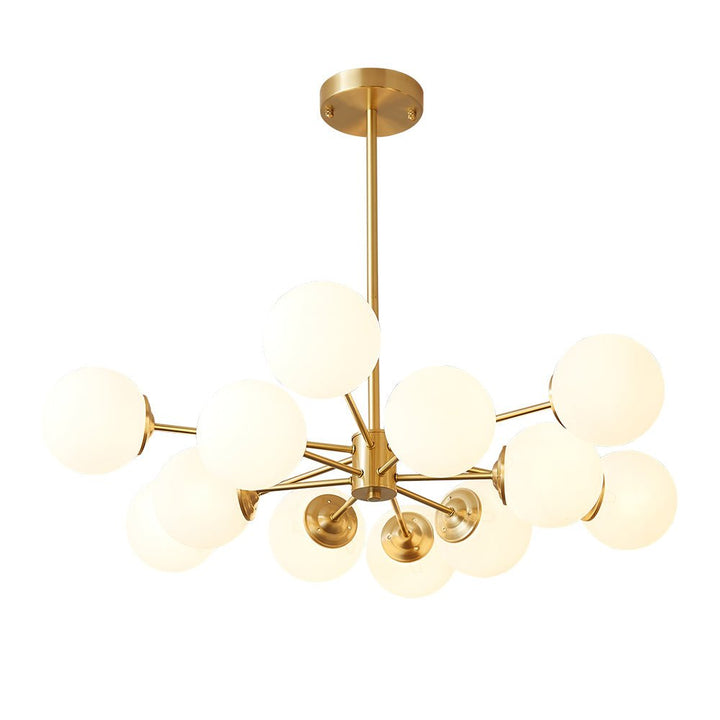 Iluminación de techo moderna, candelabro Sputnik de 12 globos de cristal y base negra.