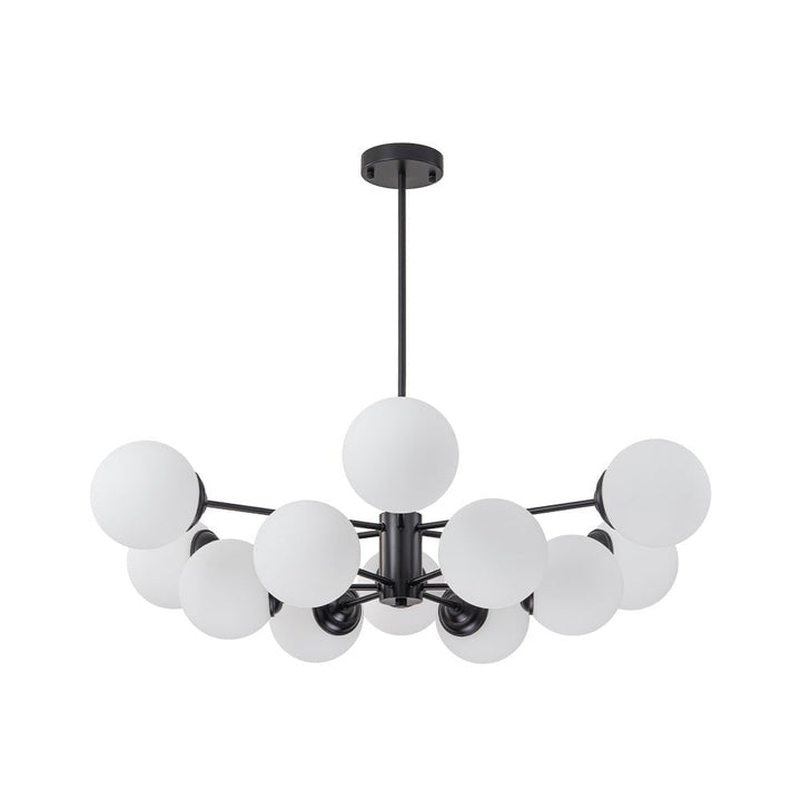 Candelabro de cristal y metal negro, 12 luces. Diseño Sputnik Mid-Century para salón.