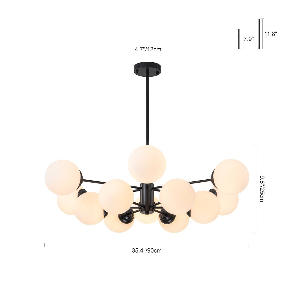 Diseño de iluminación Mid-Century: Candelabro Sputnik dorado con 12 globos de cristal y negro.