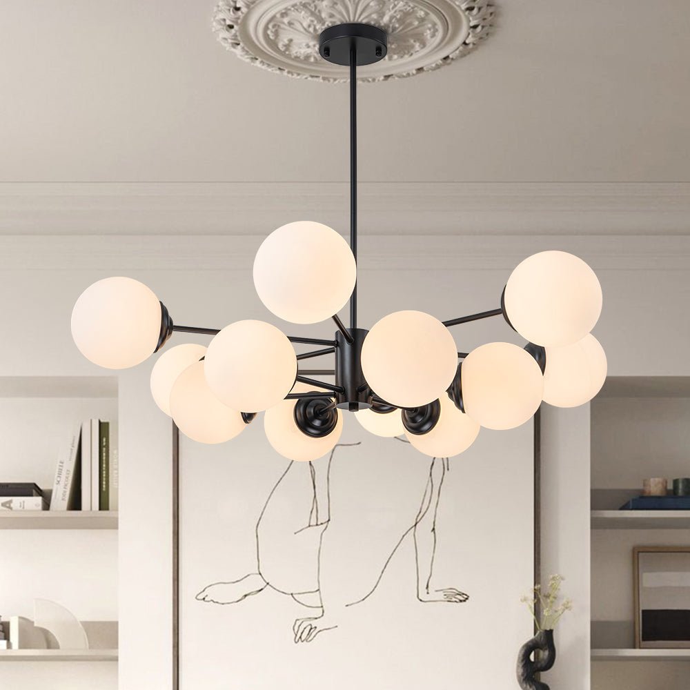 Lámpara de techo Sputnik vintage de 12 globos de cristal. Iluminación decorativa Mid-Century.