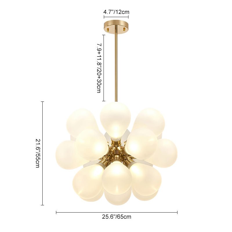 Candelabro burbuja blanco de 18 luces estilo Sputnik. Lámpara de techo moderno, vidrio y metal dorado.