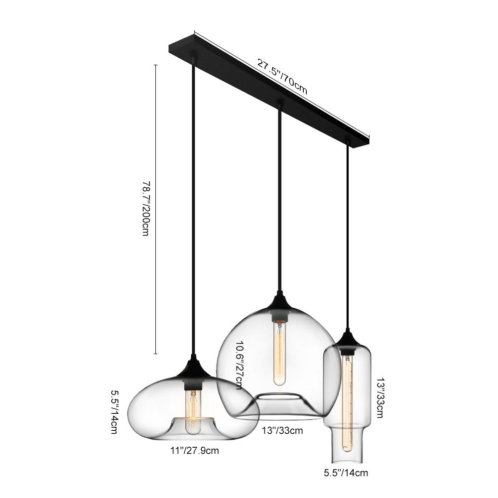 Lámpara colgante moderna negra de 3 luces con pantallas de cristal geométricas. Iluminación para sala y cocina.