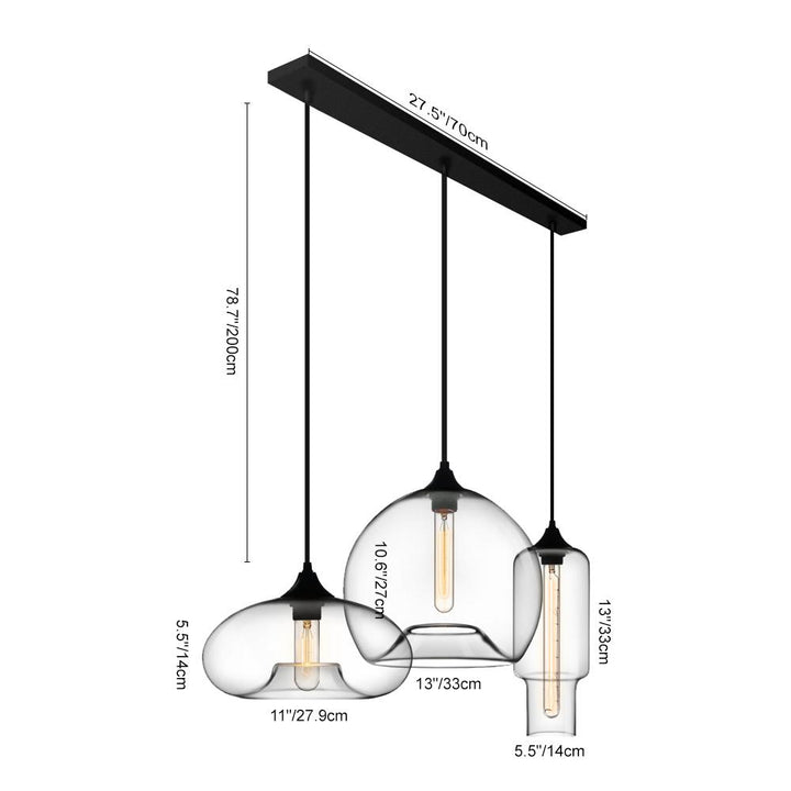Lámpara colgante moderna negra de 3 luces con pantallas de cristal geométricas. Iluminación para sala y cocina.