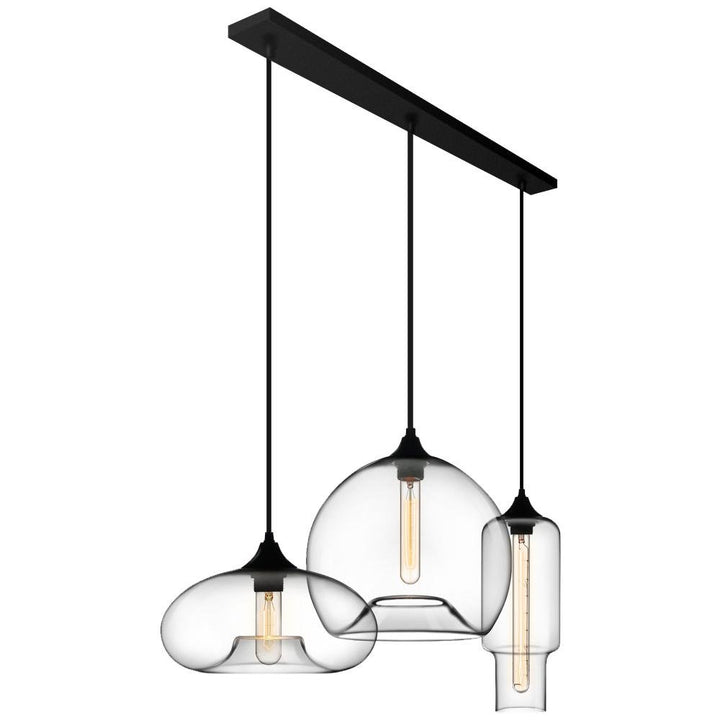 Lámpara colgante negra de 3 luces con elegantes pantallas de cristal geométricas. Iluminación para hogar.
