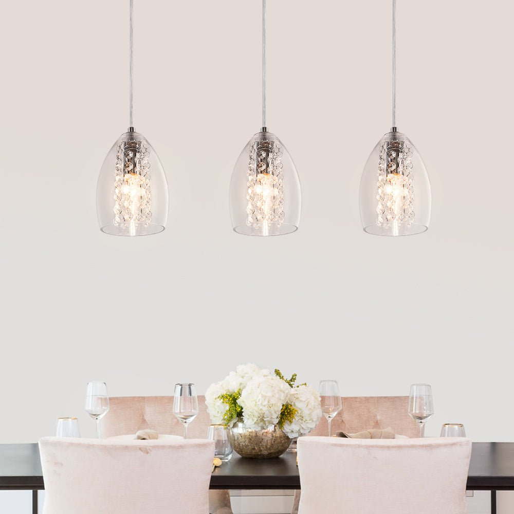 Lámpara colgante moderna para cocina con 3 luces ajustables y acentos de cristal cromo.