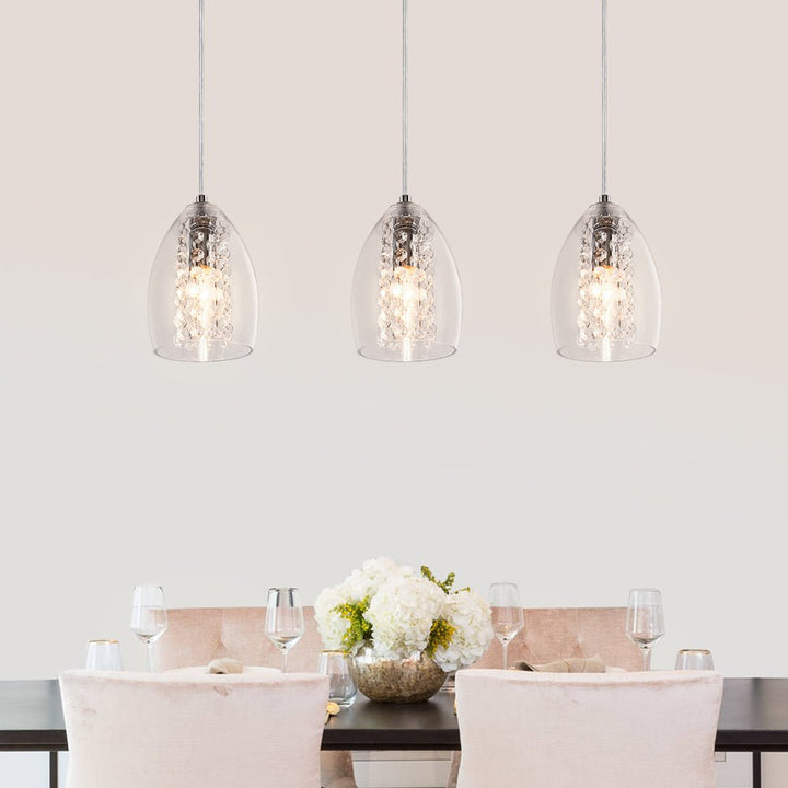 Lámpara colgante moderna para cocina con 3 luces ajustables y acentos de cristal cromo.