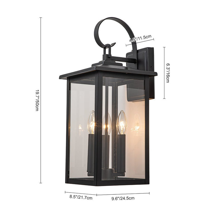 Lámpara de pared resistente para exteriores. Estilo moderno negro con 3 luces y vidrio claro para terrazas.