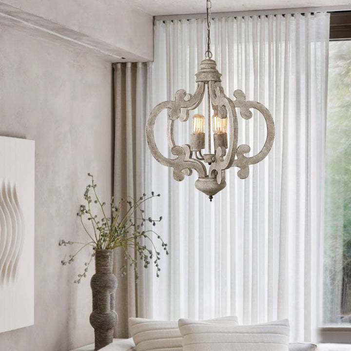Lámpara colgante estilo granja moderna, madera desgastada, 4 luces. Perfecta para interiores con toque vintage.