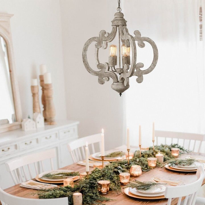 Iluminación rústica para comedor, candelabro de madera desgastada de 4 luces estilo granja moderna.
