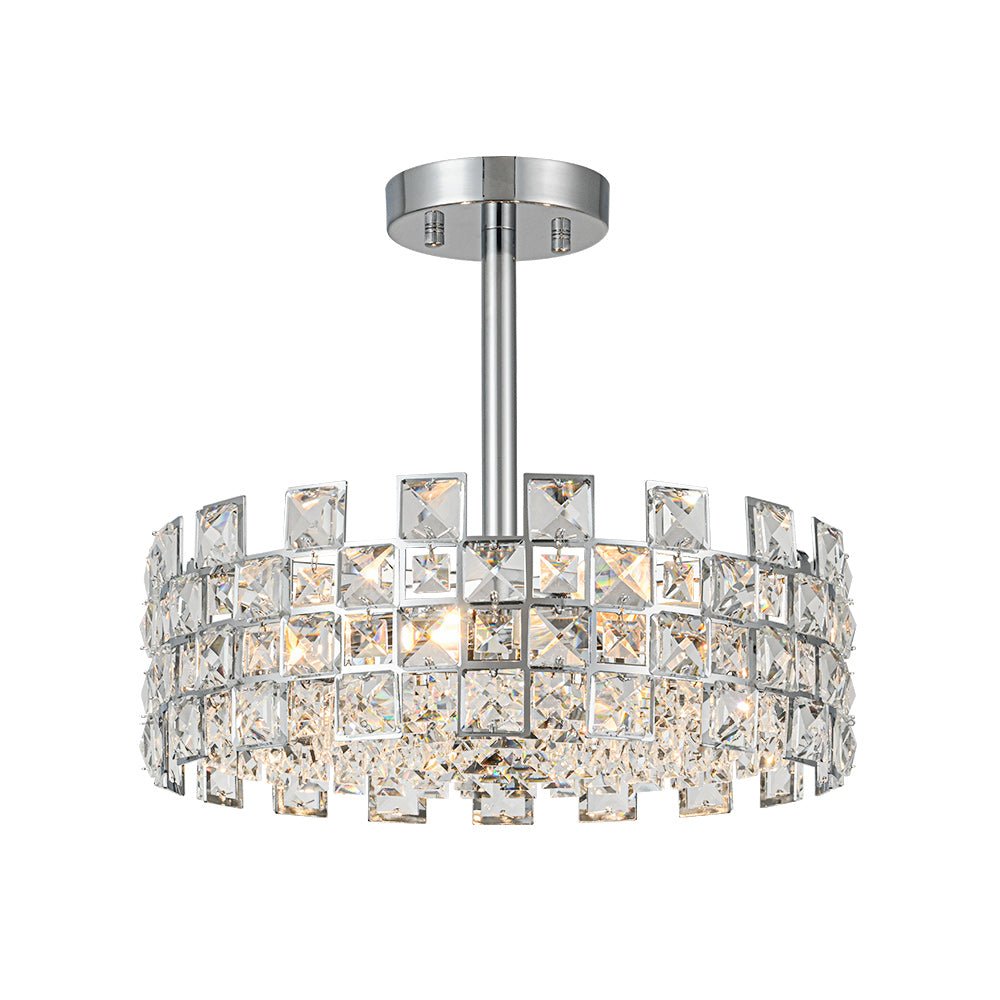 Plafón de cristal glam semi empotrado. Moderno diseño de tambor con 4 focos. Transforma tu salón.