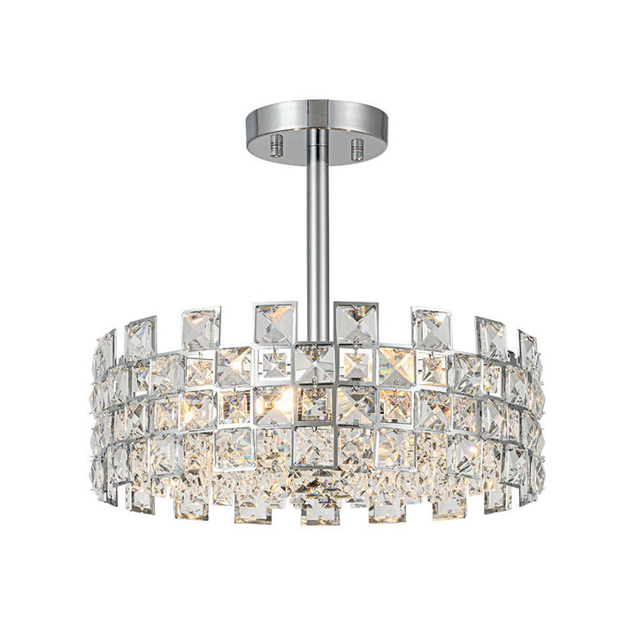 Plafón de cristal glam semi empotrado. Moderno diseño de tambor con 4 focos. Transforma tu salón.