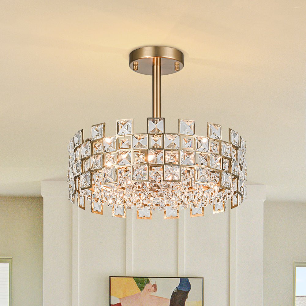 Luz de techo semi empotrada de cristal glam. 4 luces para sala, comedor o pasillo. Iluminación lujosa y moderna.