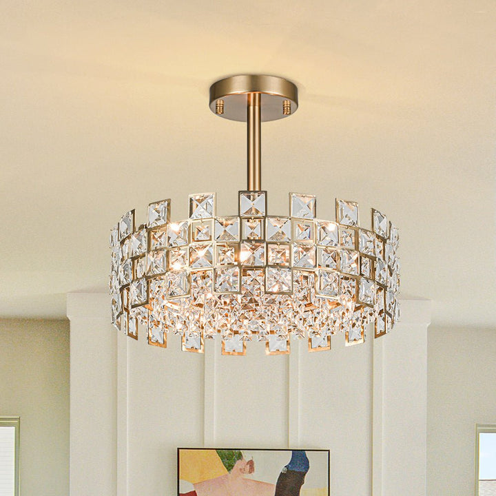 Luz de techo semi empotrada de cristal glam. 4 luces para sala, comedor o pasillo. Iluminación lujosa y moderna.
