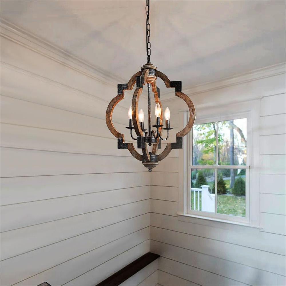 Lámpara colgante rústica de madera y hierro negro, 4 luces, estilo granja moderna para techo.