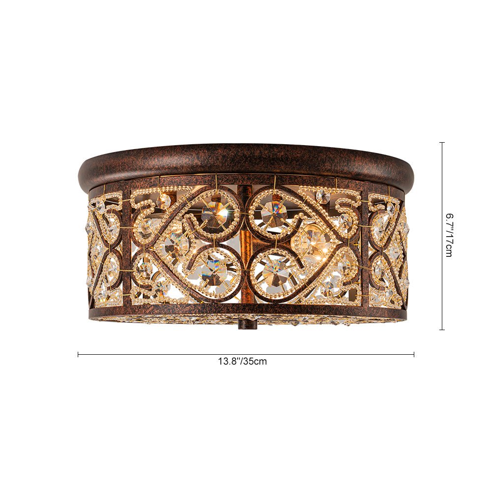 Hermosa luz de techo vintage de cristal, diseño empotrado con acentos de cobre antiguo para interiores.