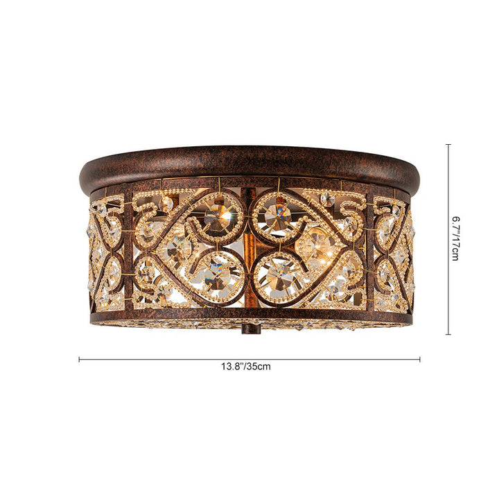 Hermosa luz de techo vintage de cristal, diseño empotrado con acentos de cobre antiguo para interiores.