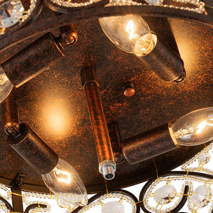 Iluminación de techo estilo vintage con cristales facetados y detalles de cobre antiguo, para interiores.