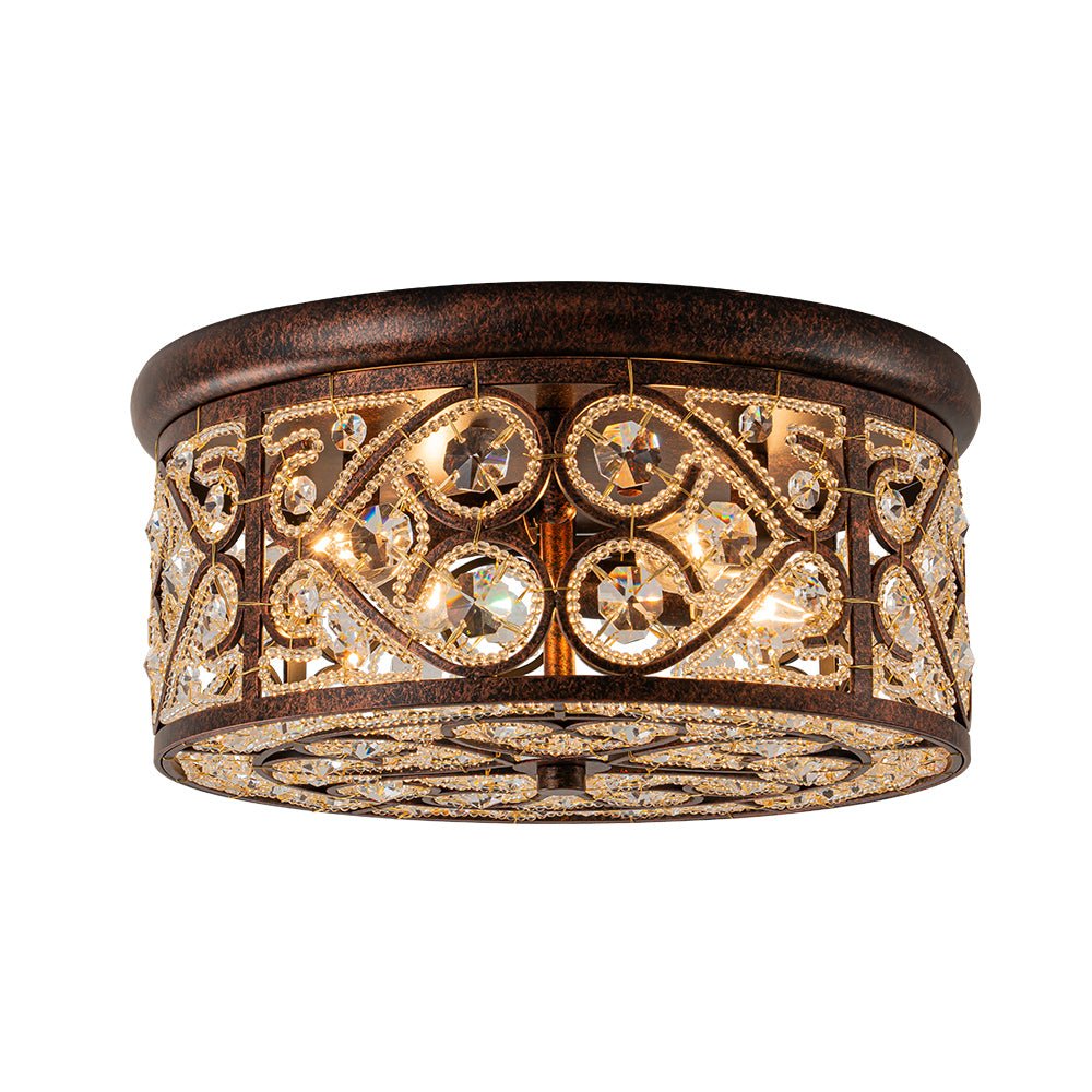 Iluminación de techo tipo tambor con cristal vintage y detalles de cobre antiguo, para el hogar.