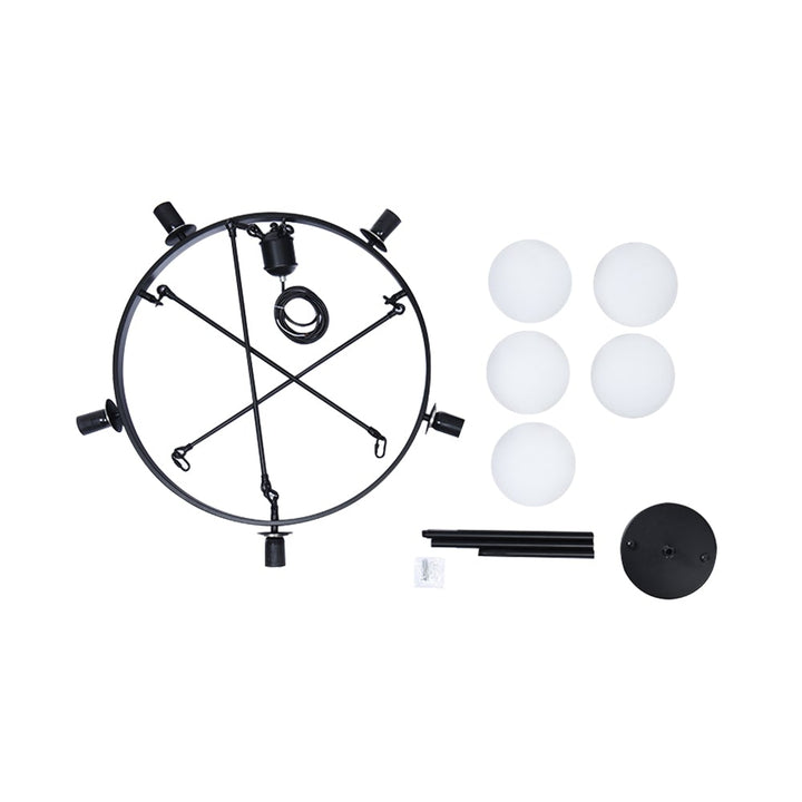 Candelabro negro de 5 luces con esferas de vidrio tipo burbuja. Lámpara de techo moderna para diseño de interiores.